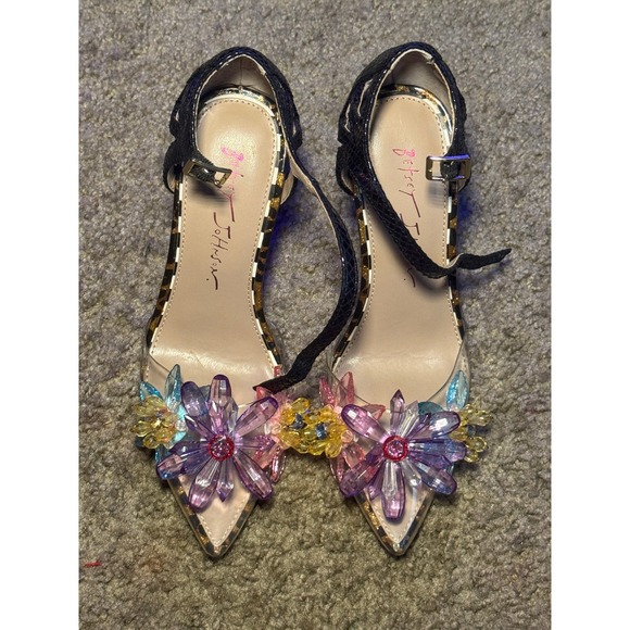 Betsey Johnson Womens Floral Embellished Clear Leopard Print Pointed Toe Pumps - Picture 2 of 8